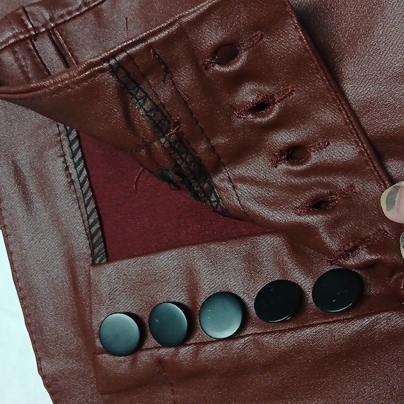 Faux Leather Button-Fly Jeans Pants w/ Pockets Brownish-Red Maroon Burgundy - Picture 10 of 12